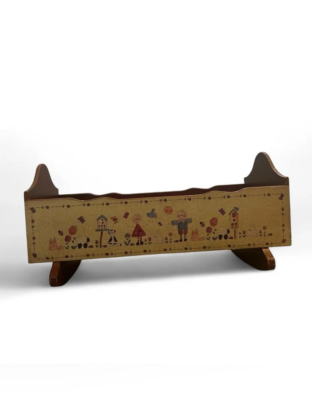 Vintage 90s Country Folk Art Wooden Rocking Doll Cradle Bed